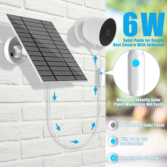 Solar Panel Compatible with Google Nest Camera Outdoor &amp Indoor (Battery Version) 6W Solar Power Charger for Google Nest Camera Solar Panel with Indicator Light 13ft Cable