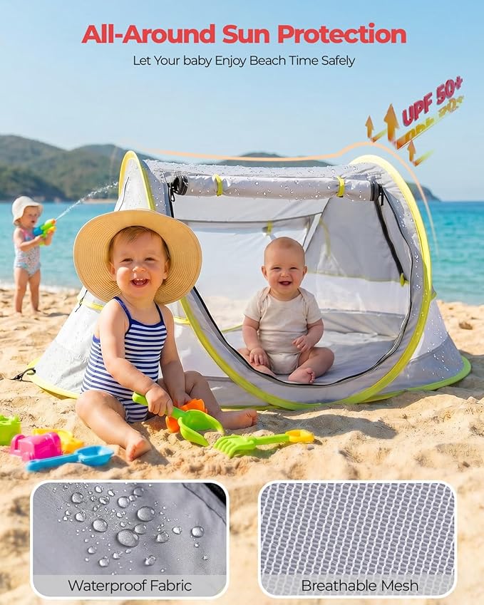 Poray Portable Baby Beach Tent with UPF 50+ Sun ShelterMosquito Net and Sunshade Ideal Pop Up Kids Travel Tent with Carry Bag &amp 2 StakesOutdoor Indoor Play and Sun Protection