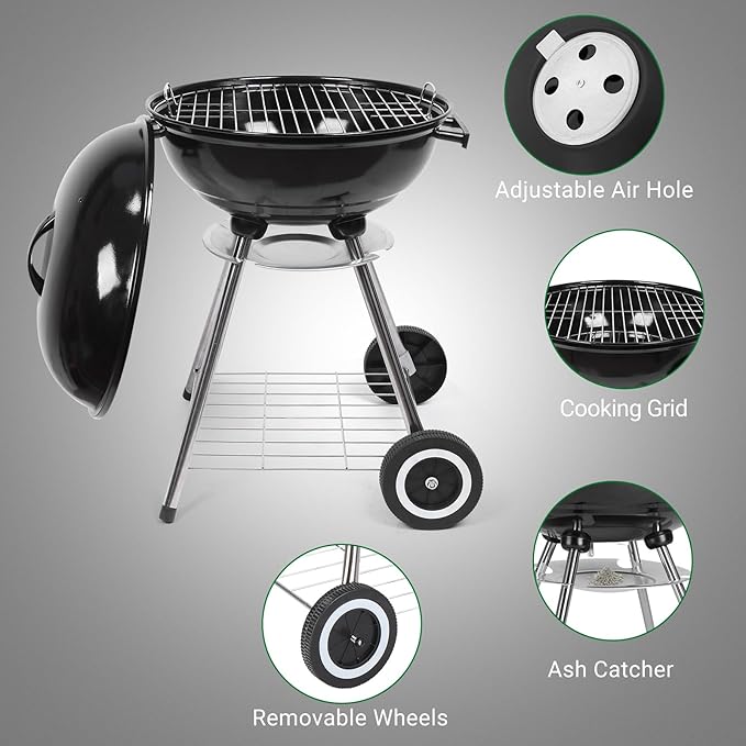 Outvita Charcoal Grill 18 inch Stainless Steel BBQ Charcoal with Wheels and Storage Holder for Camping Picnic Barbecue Party Outdoor Activities