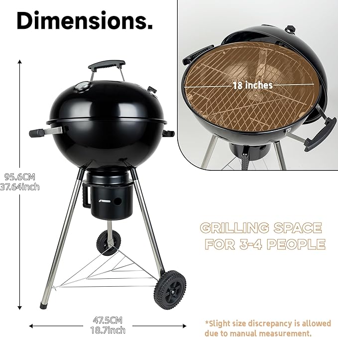 Charcoal Grills 18 inches Kettle Grill with Lid&ampLarge Ash CollectorOutdoor Barbecue Grill for Camping/Garden/Party/Poolside
