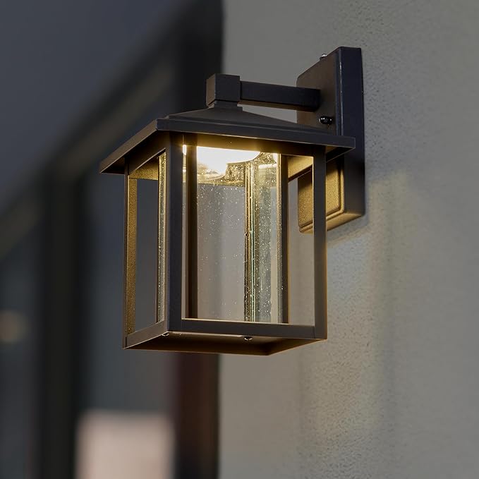 Maxxima LED Outdoor Wall Light Seeded Glass Home Entryway Lighting Dusk to Dawn Photocell Sensor Porch Light 1000 Lumens 3000K Warm White - 11.5 in. Height