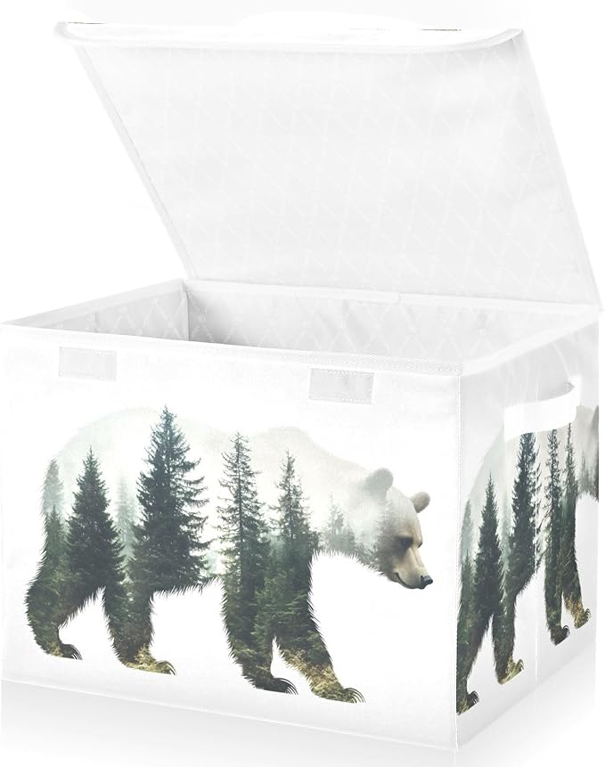 AIXIWAWA Lidded Storage Cube (Forest Bear) Fabric Foldable Closet Bins with Flip Lid and Handles Organizer Basket Container 16.5 x 12.6 x 11.8 IN