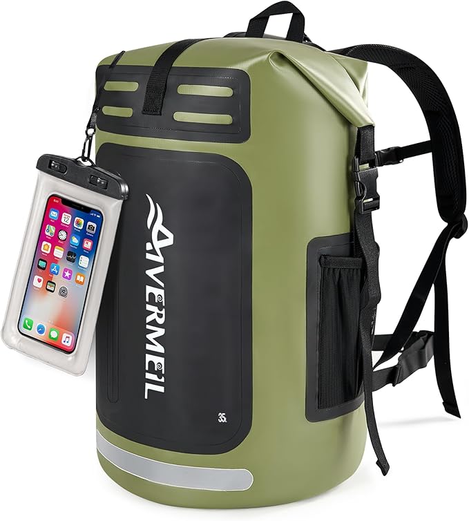 Dry Bag Waterproof Backpack 35L for Men &amp Women Roll-Top Hiking Backpack with IPX8 Waterproof Phone Case for Kayaking Boating Cushioned Padded Back Green