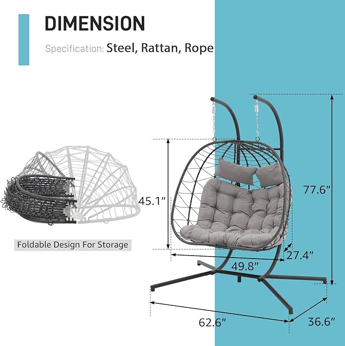 Patiorama 2 Person Double Egg Swing Chair with Stand Indoor Outdoor Patio Wicker Rattan Hanging Egg Chair w/Cushion Pillow Foldable Hammock Chair 550lbs for Bedroom Balcony Garden (Light Grey)