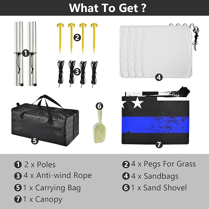Vintage American Police Support Flag Foldable Beach Canopy UPF50+ Water-Resistant Sun Shelter Includes Sand Shovel Sandbags Stability Poles for Family Trips Picnics &amp Camping