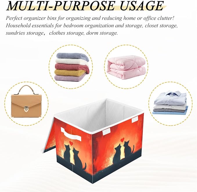 AIXIWAWA Lidded Storage Cube (Cat Love Silhouettes) Fabric Foldable Closet Bins with Flip Lid and Handles Organizer Basket Container 16.5 x 12.6 x 11.8 IN