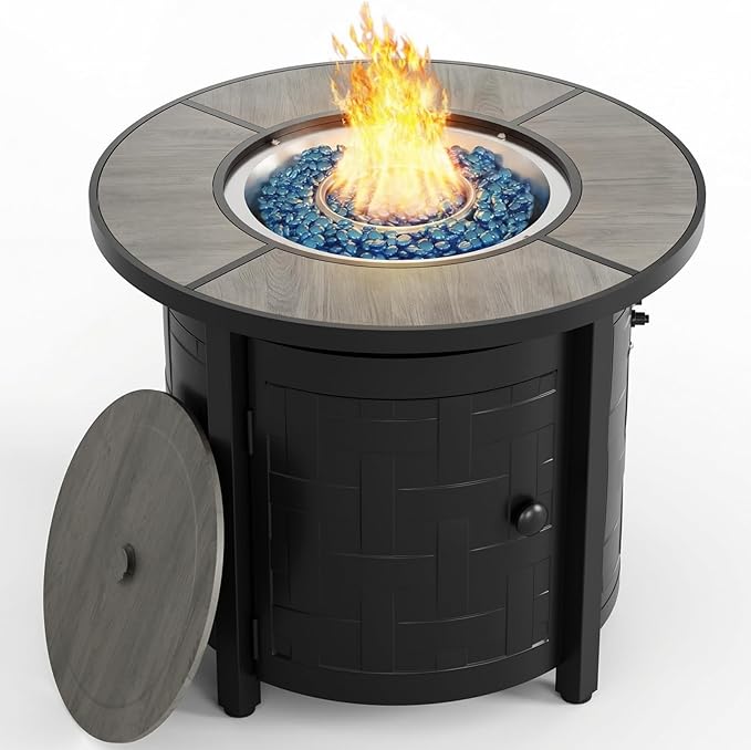 TLSUNNY 30in Propane Fire Pit Table 50000 BTU Auto-Ignition Outdoor Patio Fire Pit with Waterproof Cover Blue Fire Glass &amp Convertible Lid – CSA Certifiedfor Patio BalconyGarden Grey