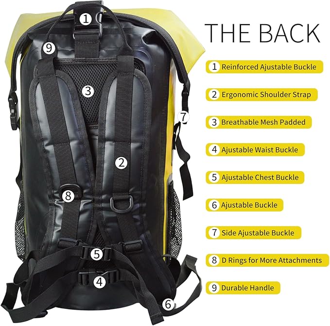 Waterproof Dry Bag Backpack IPX6 Roll-Top Closure Bag Boating &amp Kayak Accessories - Essentials for Camping Swimming Beach Fishing Rafting Travel Yellow