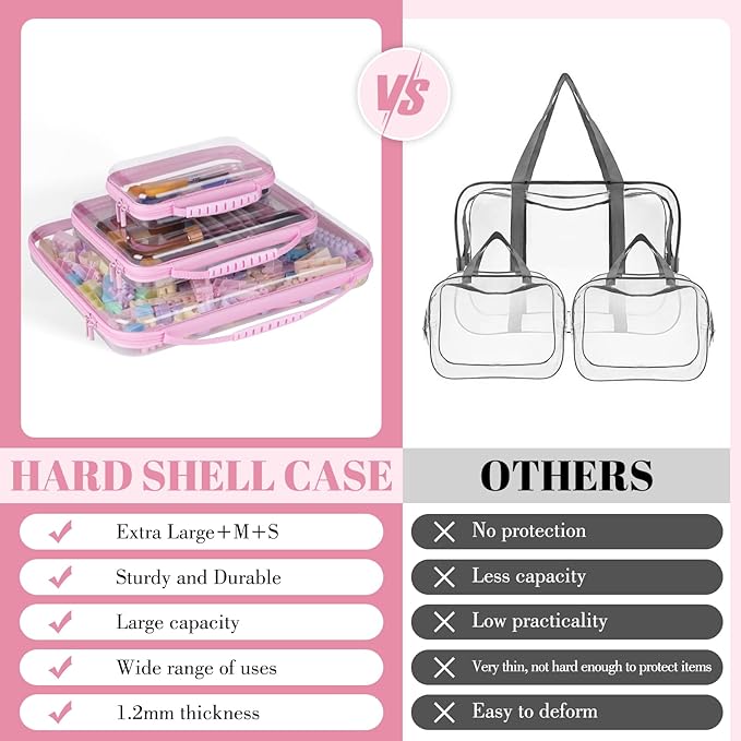 3 Pack Pink Extra Large Zippered Hard Shell PouchClear Plastic CaseHard Sided Case for Storage BagsPortable Waterproof Diaper Bag Cosmetic Bag(3 Pcs-XL+L+S)
