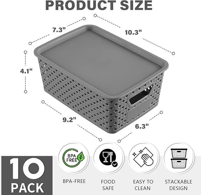 10 Pack Small Plastic Storage Bins with Lids Stackable Plastic Storage Baskets for Organizing with Handles Organizer Bins with Labels for RoomCraftContainers for Pantry Organizers and StorageGrey
