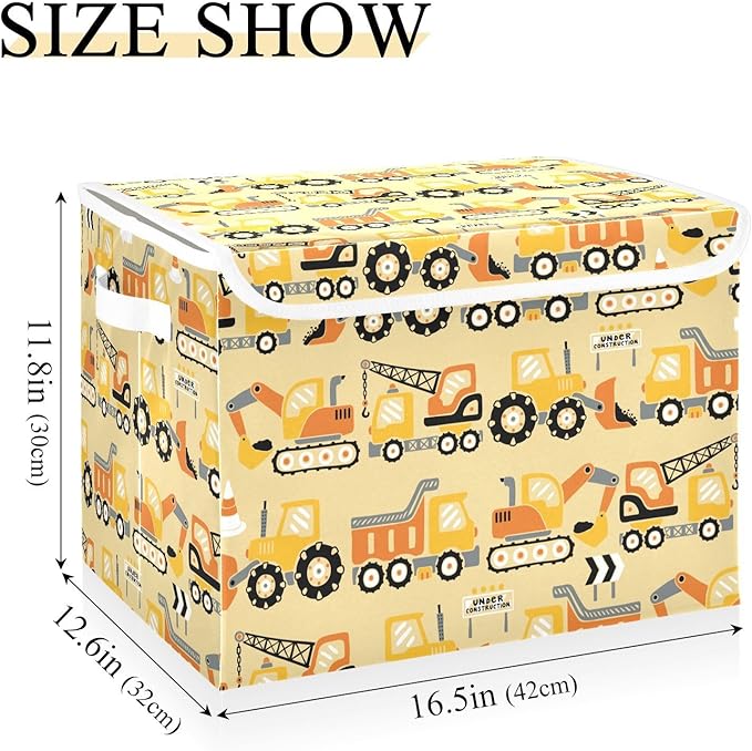 susiyo Large Foldable Storage Bin with Flip-Top Lid Construction Trucks Storage Box Collapsible Closet Organizer Containers Boxes Decorative Baskets with Handles for Home Bedroom Living Room Office