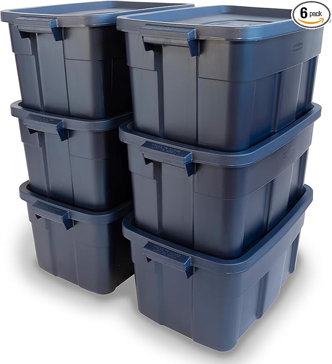 Rubbermaid Roughneck Tote 14 Gal 6 Pack Made in USA Dark Indigo Metallic Rugged Plastic Stackable Storage Bins with Lids and Handles