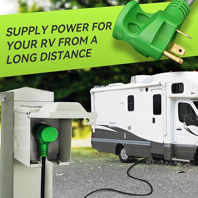 RVMATE 30 Amp 50 Feet RV Power Extension Cord with Easy Plug-in Handle TT-30P to TT-30R LED Indicator 10 AWG ETL Listed