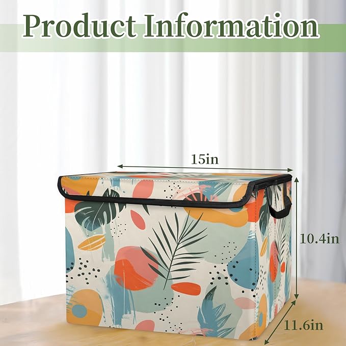 Boho Leaf Storage Bins with Lids Mid Century Foldable Storage Boxes with Carrying Handle Organizer Containers Baskets Cube for Home Bedroom Closet