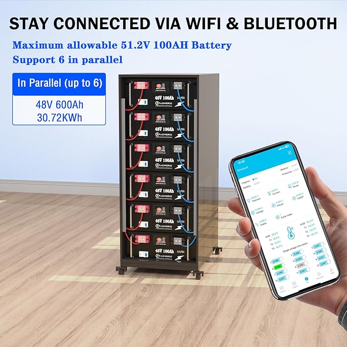 48V 100Ah LiFePO4 Battery - 200A Smart BMS Touch Screen &amp APP Control 10240W Max Output Ideal for Solar/Off-Grid Energy Storage