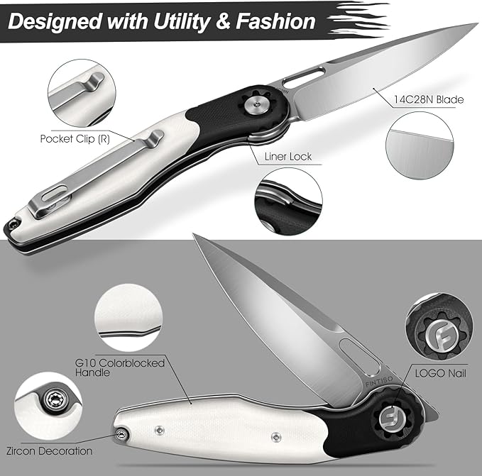 FINTISO Pocket Knife 3.5 Folding Knife Premium 14C28N Blade Bicolour G10 Handle Design with Pocket Clip for Men Women Small EDC Knife for Camping Hunting Hiking Survival and Outdoor Activities