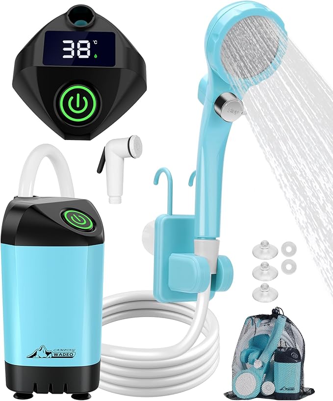WADEO Portable Shower for Camping Outdoor Electric Shower Rechargeable Pump with Intelligent Digital Display Camping Shower Head Nozzle for Camping Hiking Traveling Washing