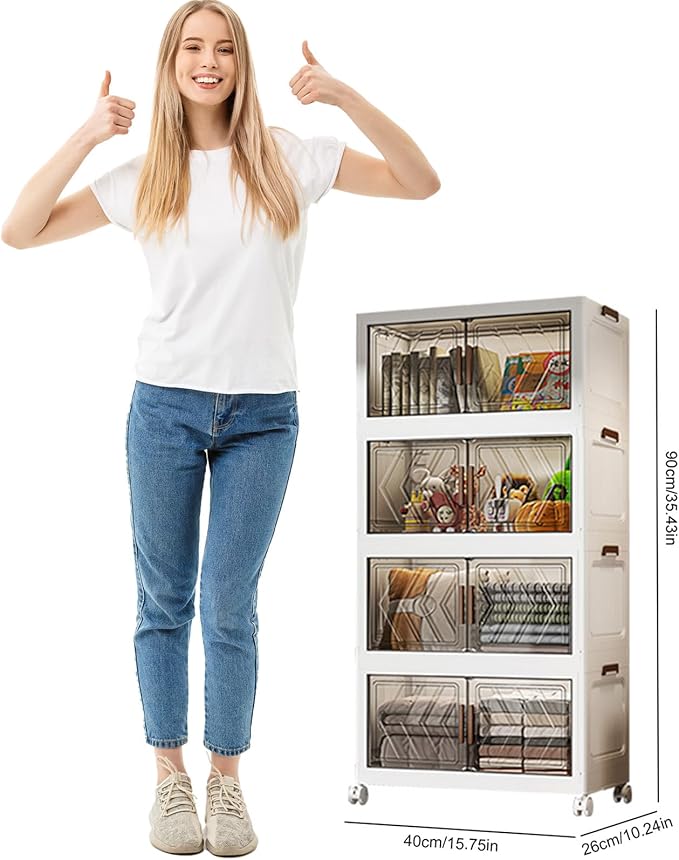 4-Tier Stackable Storage Bins with Lids 94QT Plastic Large Collapsible Storage Containers with Wheels and Magnetic Doors Foldable Closet Organizers for Living Room Garage Home Office Clear
