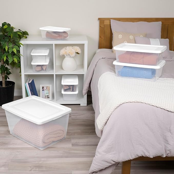 Sterilite 30 Pack Storage Box 12 Quart Stackable Tote Clear Plastic Container with Secure Snapping Lids for Home and Office Organization White
