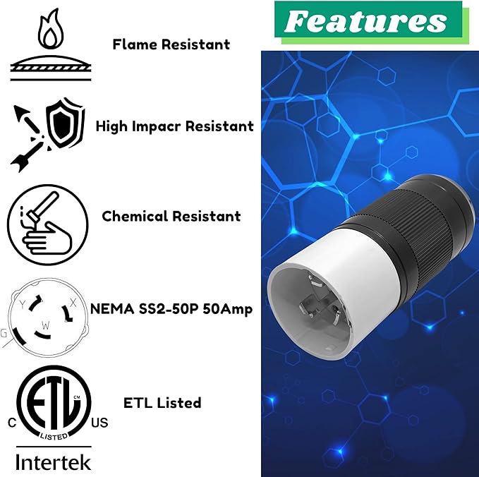 Sintron Generator Male Connector 50 Amp NEMA SS2-50P USA/Canada Marine 4-Pin Straight Blade Plug 3 Pole 4 Wire Grounding 125V/250V ETL Listed Twist Locking Plug 50A CS6365 12500 Watts