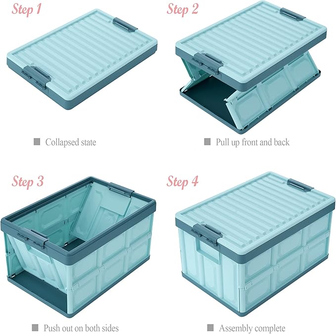 Blue Folding Plastic Stackable Utility Crates 2-Pack Collapsible Storage Bins with Lids 30L Durable Containers for Home &amp Garage Organization