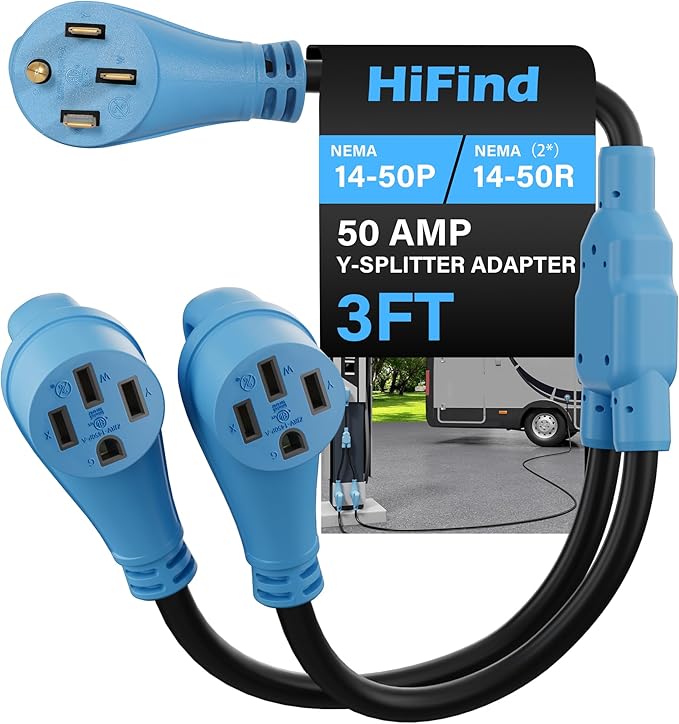 50 Amp Y Splitter Adapter Cord 3 Ft for RV EV Charging 4 Prong 250V NEMA 14-50P to (2) 14-50R for Power Extension Plug &amp Auto/EV/Tesla Model 3/S/X/Y Heavy-Duty 6/3+8/1 Gauge STW Outdoor ETL-Blu