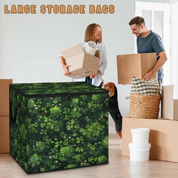 XL Large Clothes Storage with Lid Handle Shamrock Clover Large Thick Clothes Blanket Storage Containers for Organizing Bedroom Closet Comforter Organization Storage St. Patrick's Day