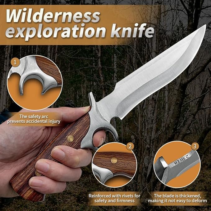 12.2 Fixed Blade Outdoor Knife 9Cr18 Stainless Steel Hunting Knife with Damascus Pattern Ergonomic Wood Handle &amp Embossed Leather Sheath Survival Utility Tool for Camping Hiking &amp Fishing