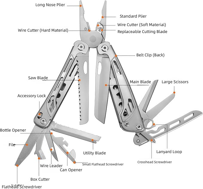 Multitool 15-in-1 Full-Size Multi-Purpose Pliers Lightweight EDC Tactical Gear With Safety Locking Camping Knives &amp Tools Mens Gifts Ideas Gifts for Hunters Men who have Everything (Silver