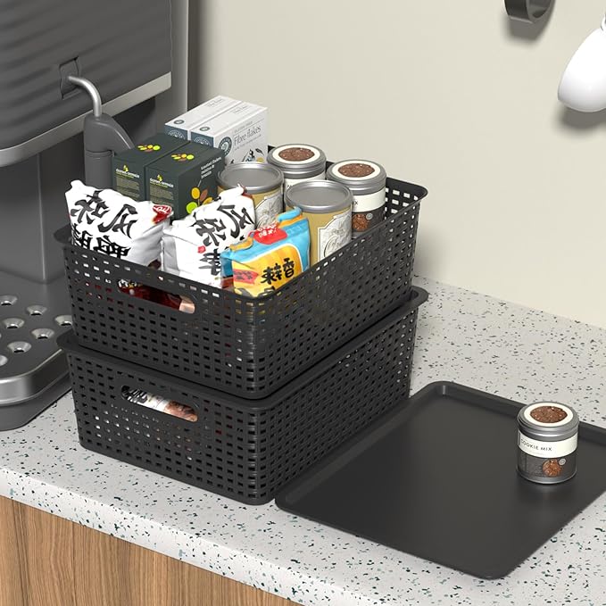 6 Pack Plastic Storage Bins with Lids Stackable Plastic Storage Baskets with Lids Black