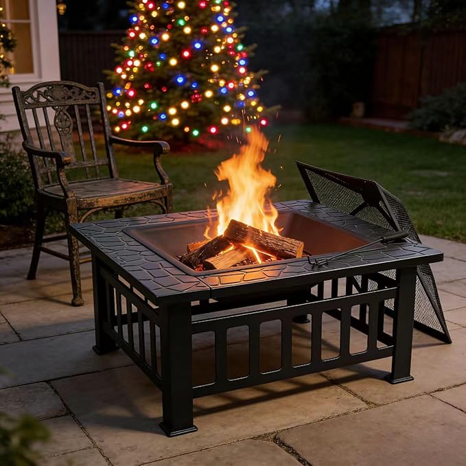 ZENY 32 inch Outdoor Fire Pit with Grill for Outside Wood Burning Square Metal Outside Fireplaces Spark Screen and Poker Included for Backyard Patio Camping Bonfire