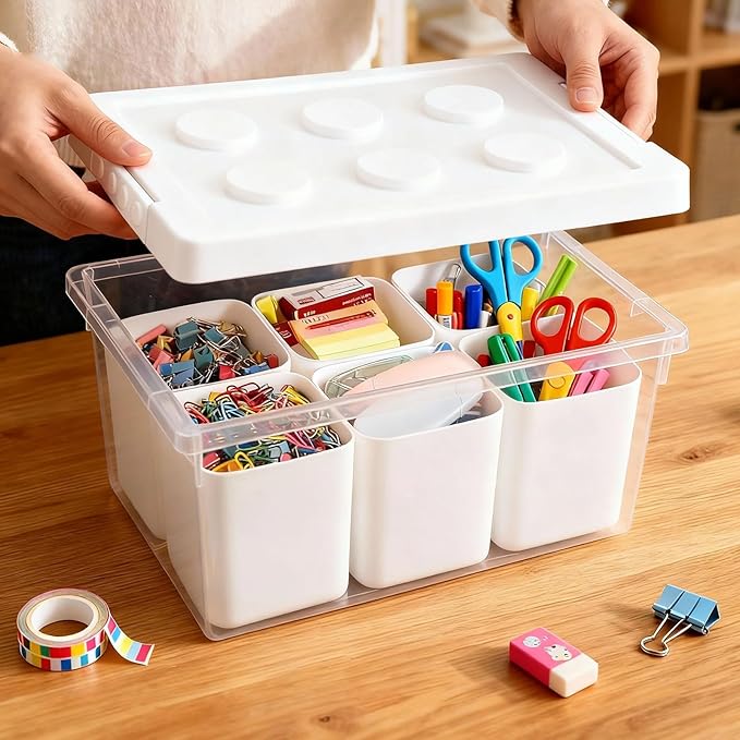 loobuu Plastic Storage Bins with Lids Art Craft Supply Organizer Box with Brush Pot Multipurpose Stackable Storage Containers for Organizing Tool Craft CrayonSewing(White)