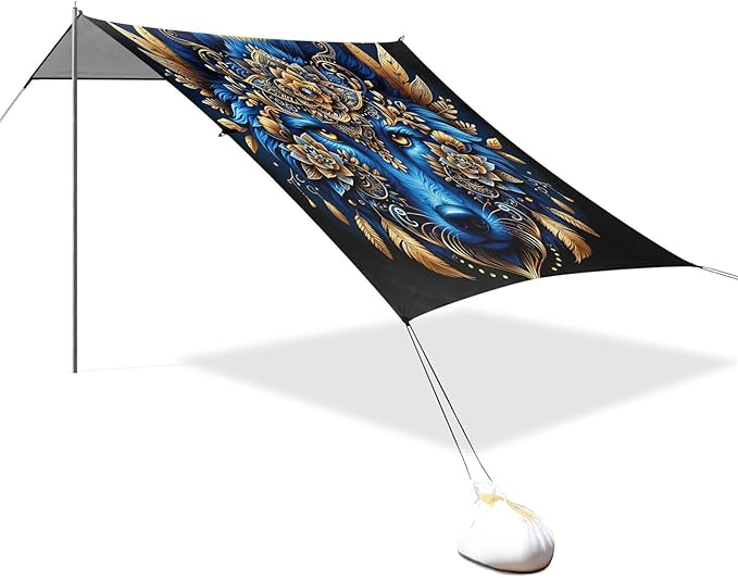 ALAZA Wolf Head Boho Beach Tent Sun Shelter UPF50+ Protection Beach Shade Canopy w/ 4 Sandbags for Outdoor Camping Fishing Backyard Fun Picnic 10x9 ft