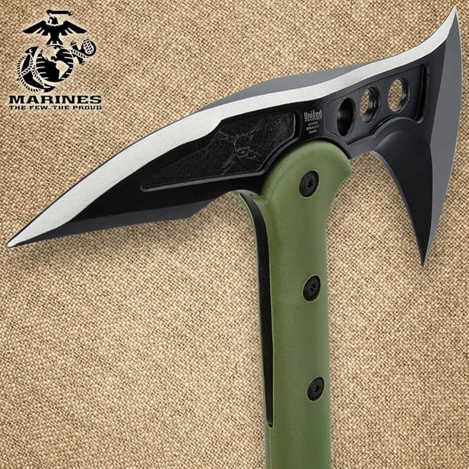 USMC Tactical Tomahawk | 2Cr13 Stainless Steel Head | 3 7/8 Blade and Curved Spike | Fiberglass and Nylon Reinforced Handle | Cord Handle Wrappings | Custom Blade Sheath | 15 1/2 Overall Length
