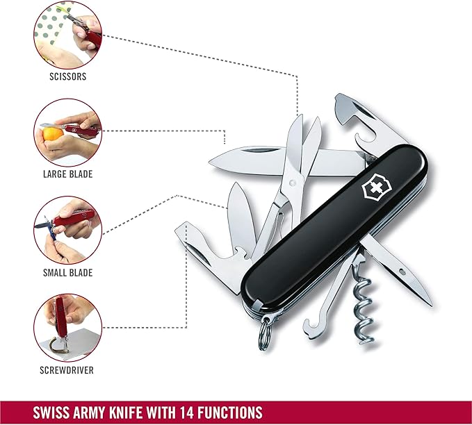 Victorinox Climber Swiss Army Knife 14 Function Swiss Made Pocket Knife with 2 Blades Corkscrew and Screwdriver - Black