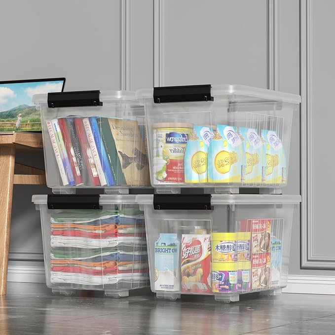 Zopnny 30 Quart Plastic Stacker Box Large Storage Bin Container with Latching Lids and Wheels for Home and Garage Organizing Shoes Tools Clear Base 4-Pack