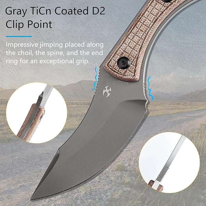 KANSEPT Niko Fixed blade Knife with Sheath 3.54'' Grey TiCn Coated D2 Blade and Brown Micarta with Frag Pattern Handle Adjustable Kydex Sheath for EDC Fixed Knifes for Camping Hiking Fishing G004A8