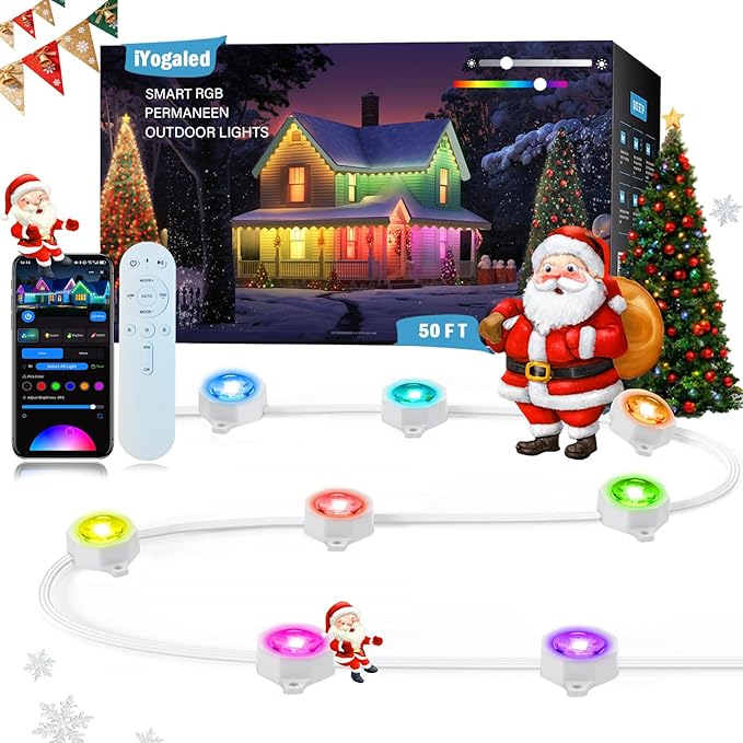 iYogaled Permanent Outdoor Lights for House 50ft Smart RGB Permanent Outdoor Eave Lights with 63 Scene ModesIP65 Waterproof LED Holiday Lighting for Party Halloween Christmas Decoration