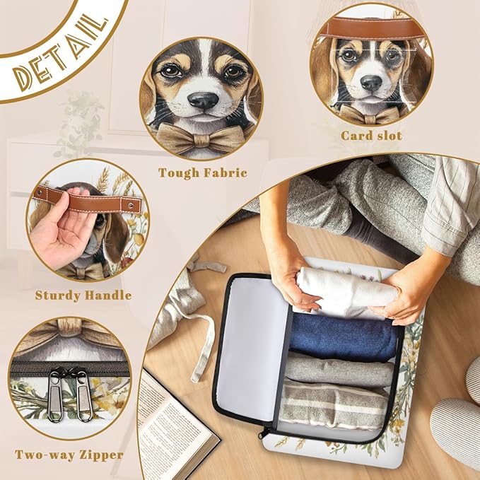 Beagle Dog Storage Box with Lid Golden wheat ears Collapsible Storage Bins Baskets Cubes Closet Shelf Clothes Organizer Containers with PU Leather Handles