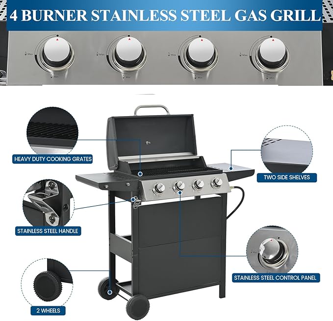 Patio Propane Gas Grill Stainless Steel 4-Burner BBQ Grill with Top Cover Lid Spacious Cooking Area and 2 Side Shelves for Outdoor Patio Garden Picnic Backyard Black