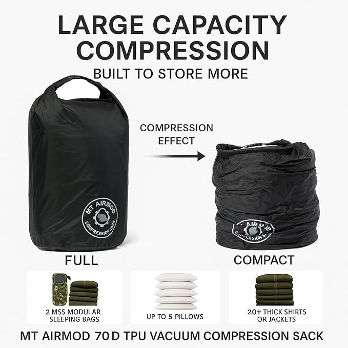 MT 70D eVac Compression Sack 38L – Ultralight Waterproof Dry Bag with Air Valve | Roll Top Floating Stuff Sack for Camping Hiking Boating &amp Travel