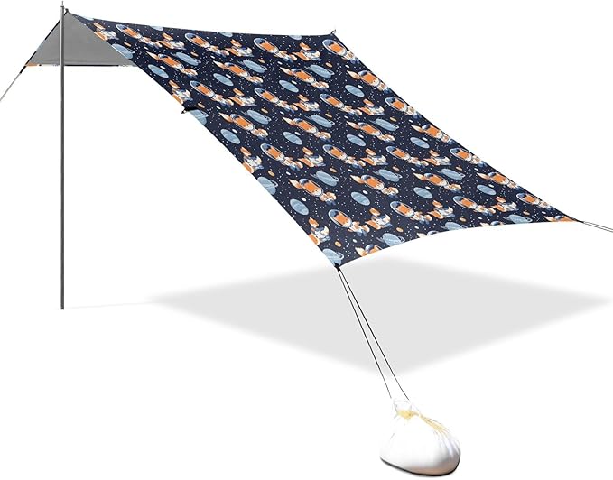ALAZA Astronaut Fox Planet Beach Tent Sun Shelter UPF50+ Protection Beach Shade Canopy w/ 4 Sandbags for Outdoor Camping Fishing Backyard Fun Picnic 10x9 ft
