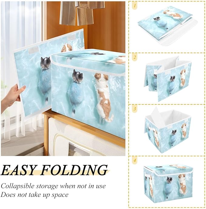 Storage Cube with Lid Swimming Dog Cat Print 16.5×12.6×11.8 IN Collapsible Large Capacity Foldable Storage Basket Bin Organizer