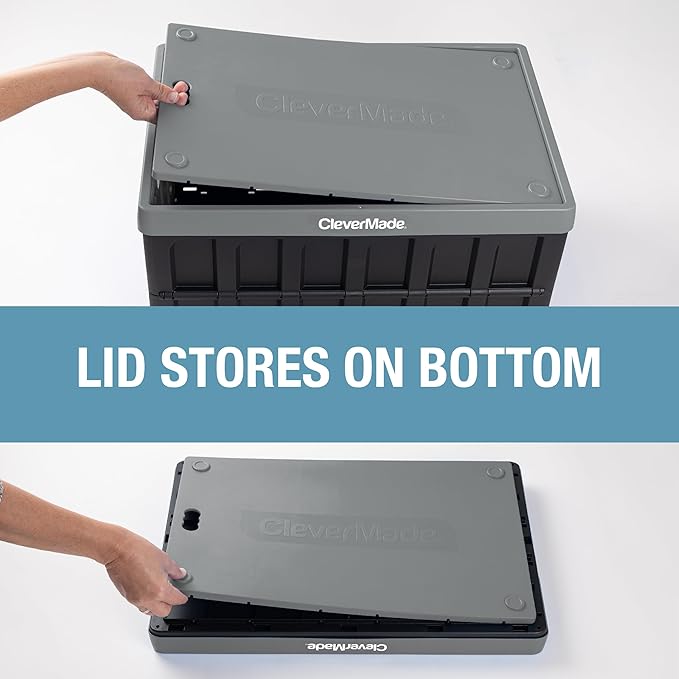 CleverMade Collapsible Storage Bins with Lids 62L – Heavy Duty Foldable Plastic Storage Crates for Garage Closet &amp Trunk Organization - Stone