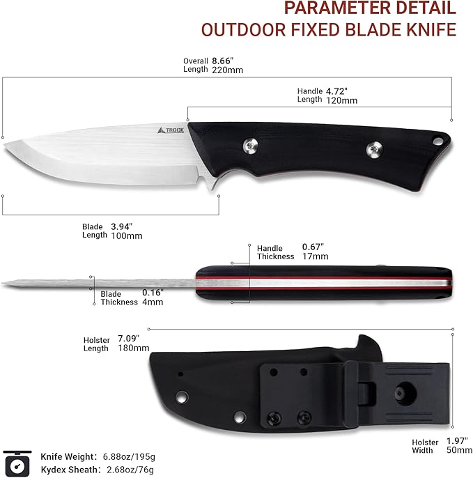 Fixed Blade Knife 3.94” Drop Point 9cr18mov Blade Camping Hunting Hiking Knife for Men Women G10 Handle with Sheath and Clip Outdoor Daily Use EDC
