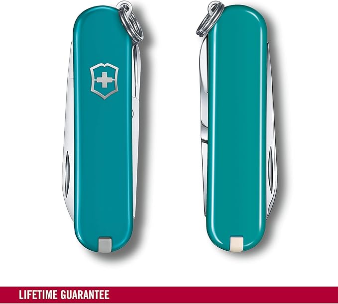 Victorinox Classic SD Swiss Army Knife Compact 7 Functions Swiss Made Pocket Knife with Small Blade Screwdriver and Key Ring - Mountain Lake (Torqouise)