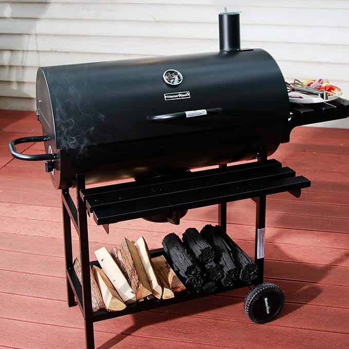 MASTER COOK Barrel Charcoal Grill with Foldable Front Shelf 686 Sq.in. Cooking Area Outdoor bbq GrillThermometer and Adjustable Air Vents for Patio PartiesBackyard Tailgating Black
