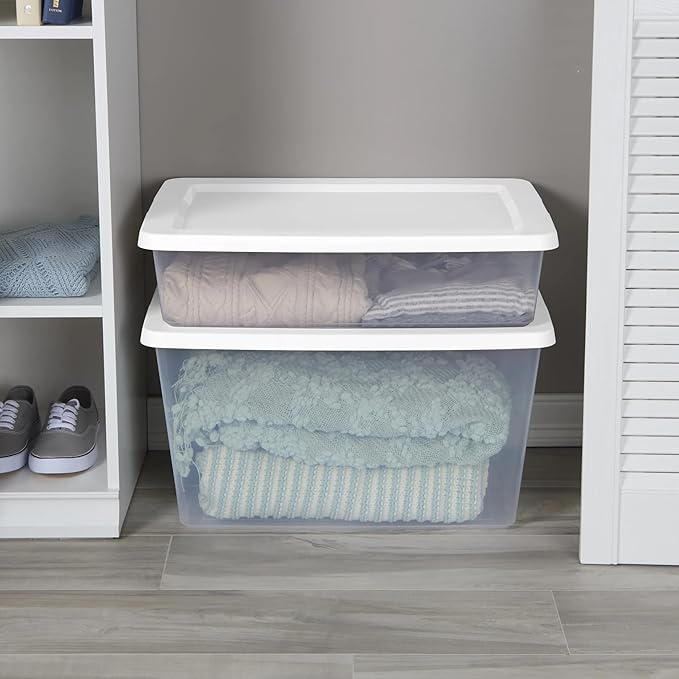 (2 pack) Small Storage Bin 28 Quart Clear Plastic Storage Container with Snap-On Lid White