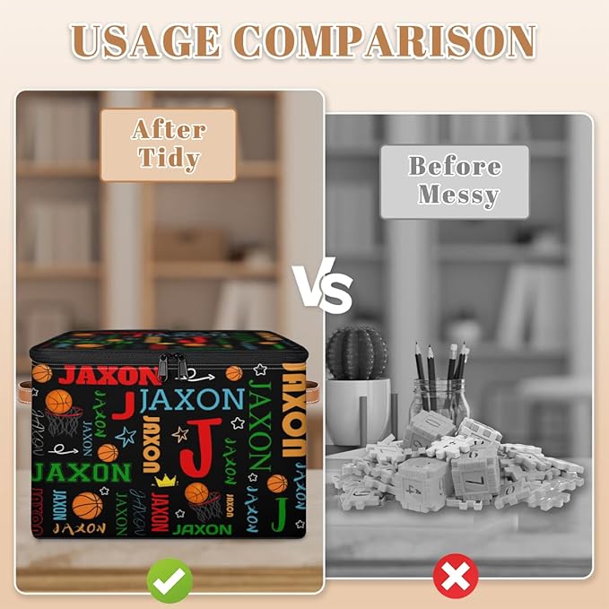 Custom Storage Bins with Zipper Lid Personalized Basketball Fabric Lidded Storage Baskets Boxes Foldable Cubes Clothes Organizer Container Ball