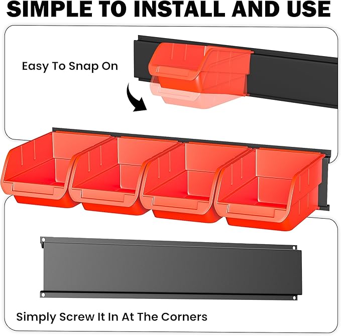 Ultrawall Wall Mounted Storage Bins Plastic Hanging Storage Organizer Bins Garage Tool Storage System for Screws Nuts Bolts Nails and Small Hardware Parts 16x bins &amp 4 x rails Orange